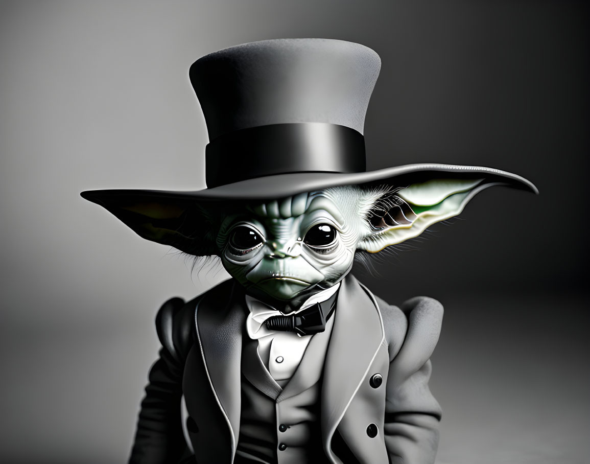 Digital artwork: Yoda's face on human body in suit & top hat on grey background