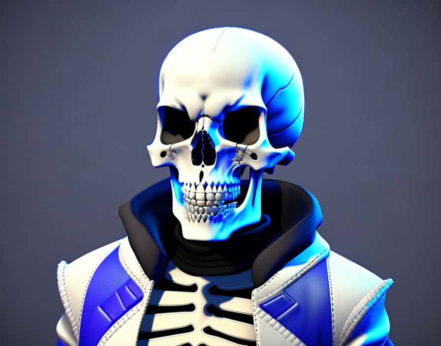 Stylized skeleton in futuristic blue and white armor on grey background