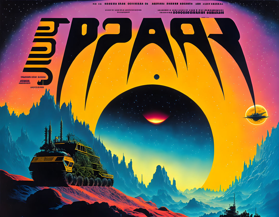 Colorful Retro-Futuristic Space Poster with Ringed Planet & Alien Landscape