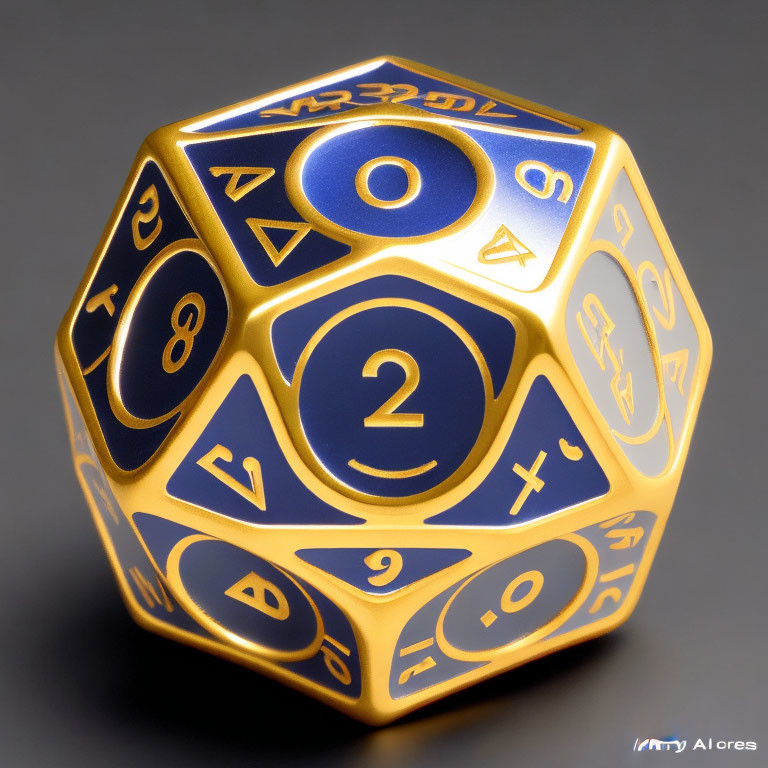 Golden 20-Sided Die with Blue Numbers on Dark Background