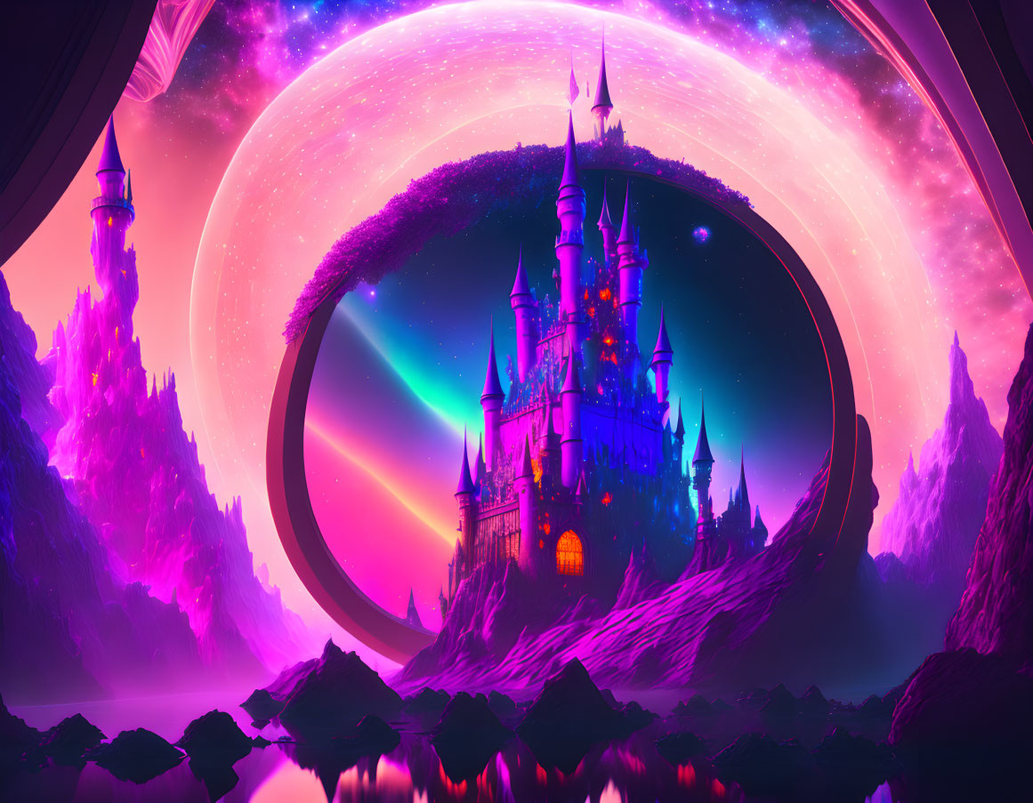 Fantastical castle in cosmic portal with purple crystals