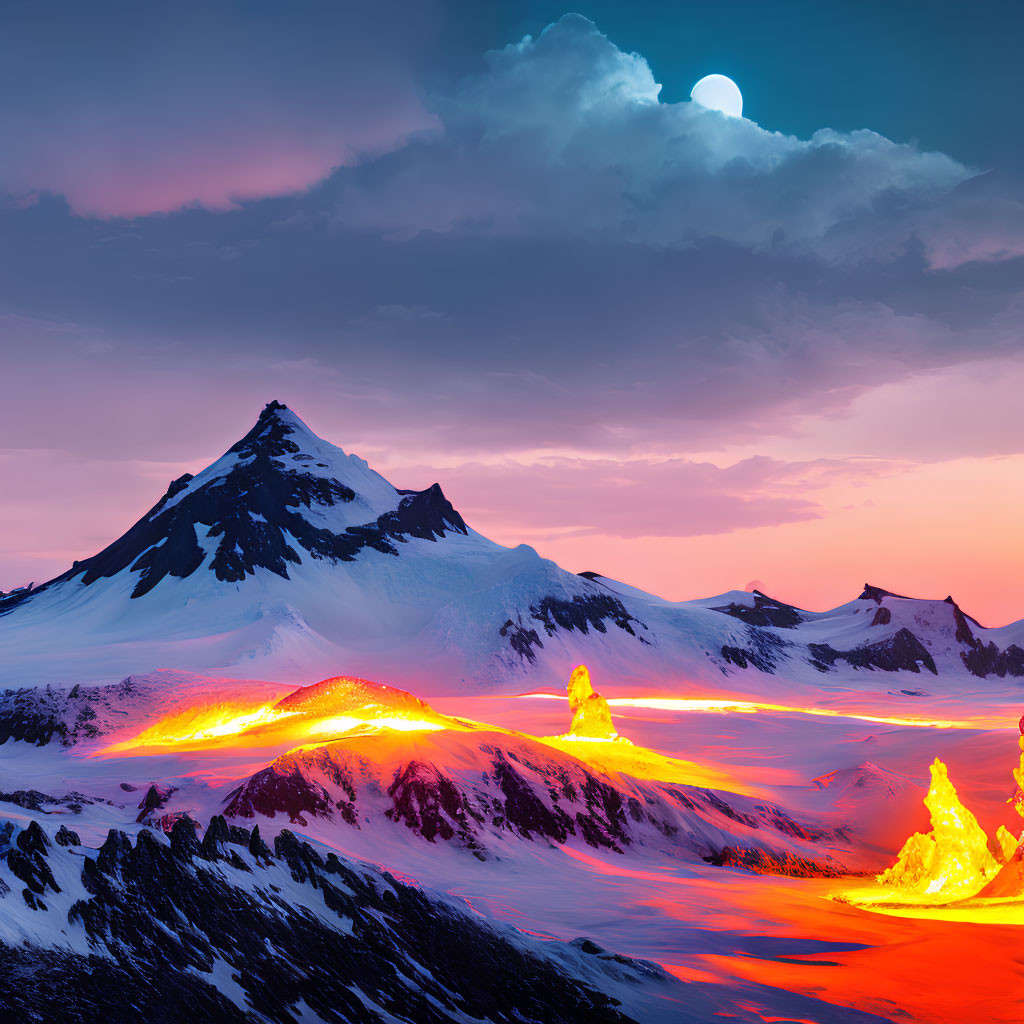 Snow-covered mountain with glowing lava flow under twilight sky