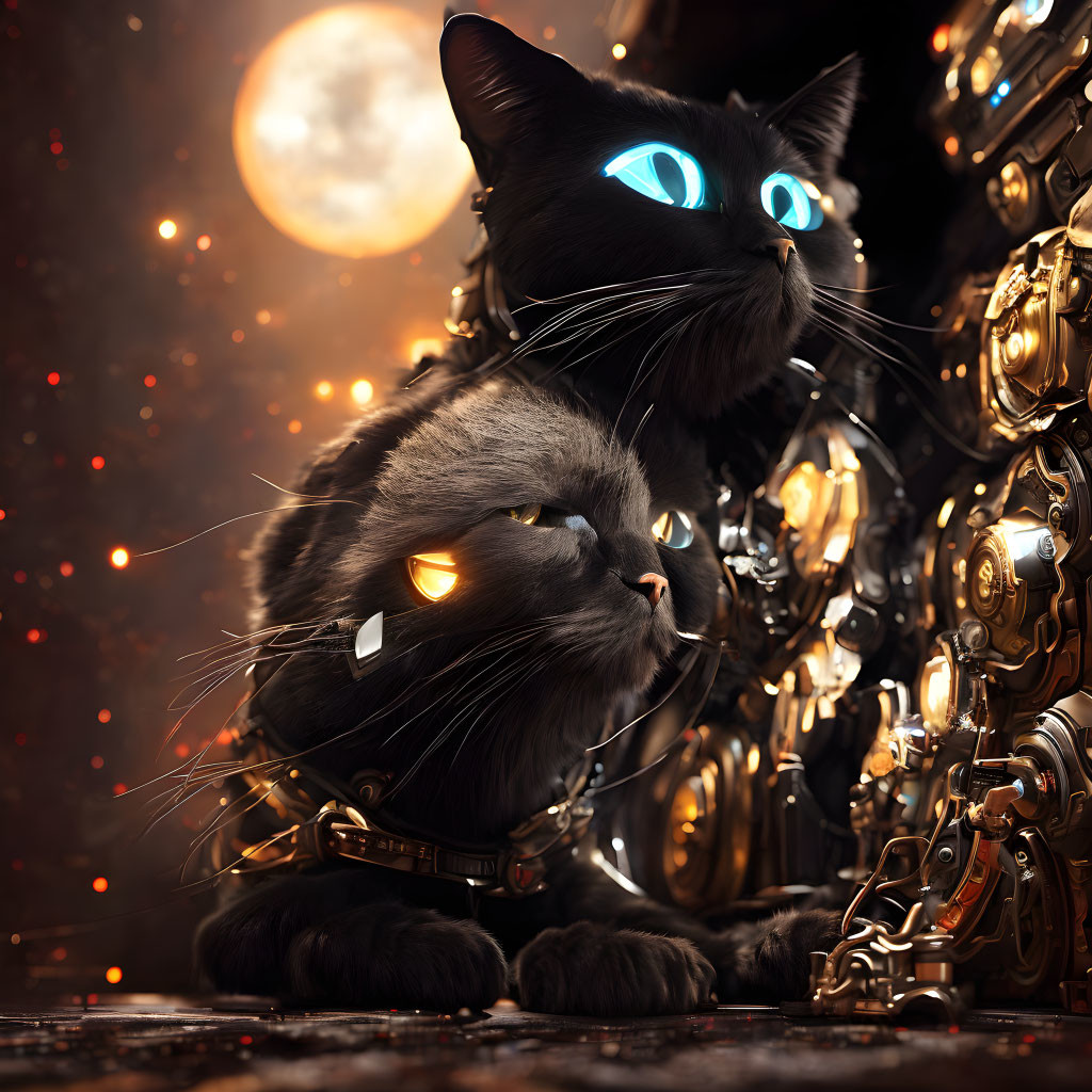 Two Cats with Luminous Eyes in Mechanical Gear Setting under Reddish Sky