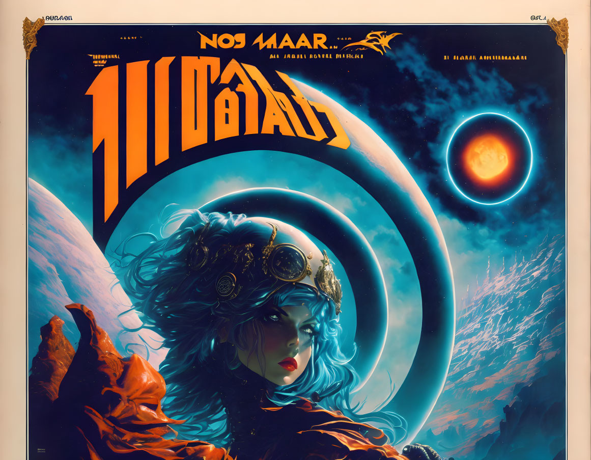 Female warrior with helmet in vibrant sci-fi poster against cosmic backdrop