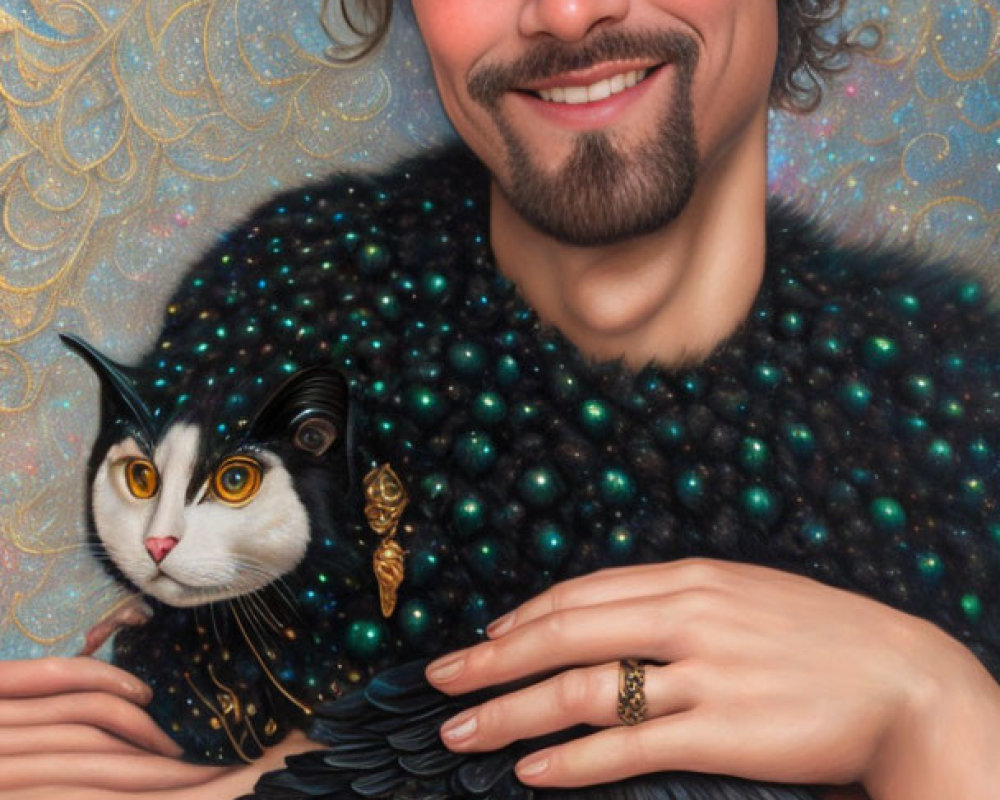 Stylish man holding cat in ornate attire against gold backdrop