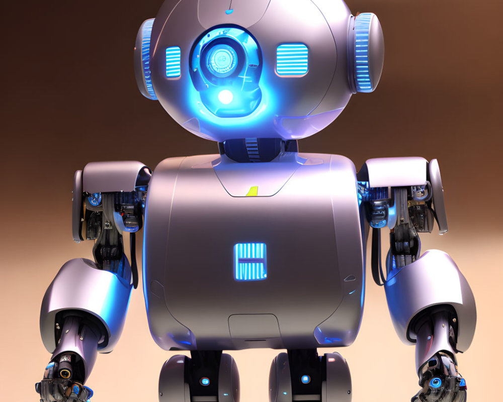Futuristic robot with spherical head and metallic body on warm background