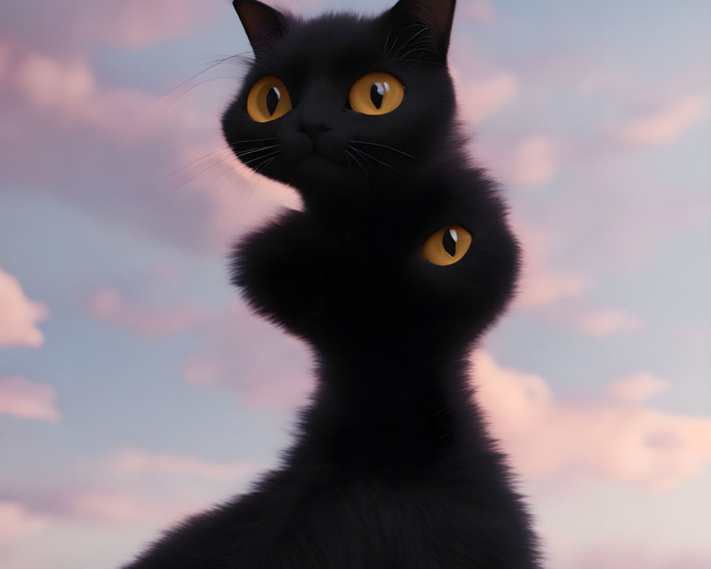 Animated black cat with orange eyes against pink-clouded sky