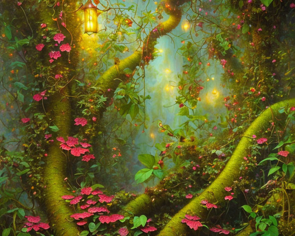 Enchanting forest with pink flowers, lanterns, and moss-covered vines