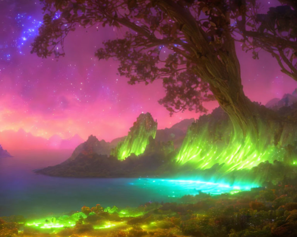 Colorful Fantasy Landscape with Illuminated Tree and Glowing Flora