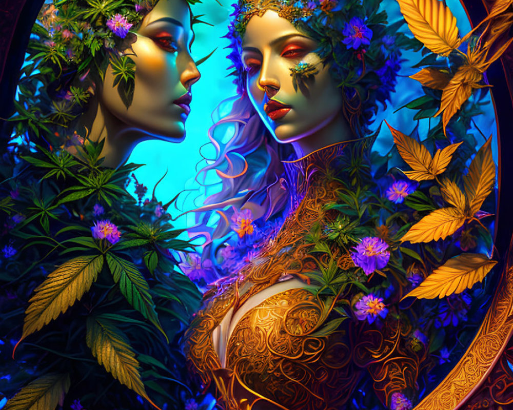 Colorful artwork of two women with floral crowns in mystical forest setting