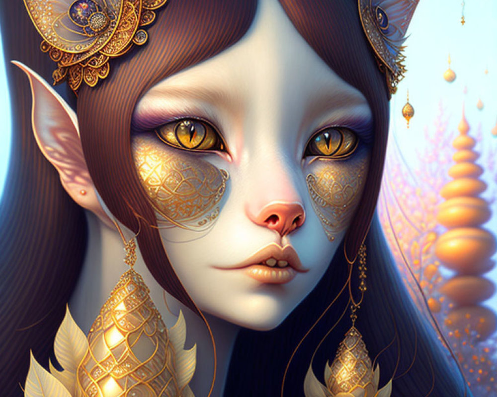 Fantasy creature with cat-like features and gold jewelry.