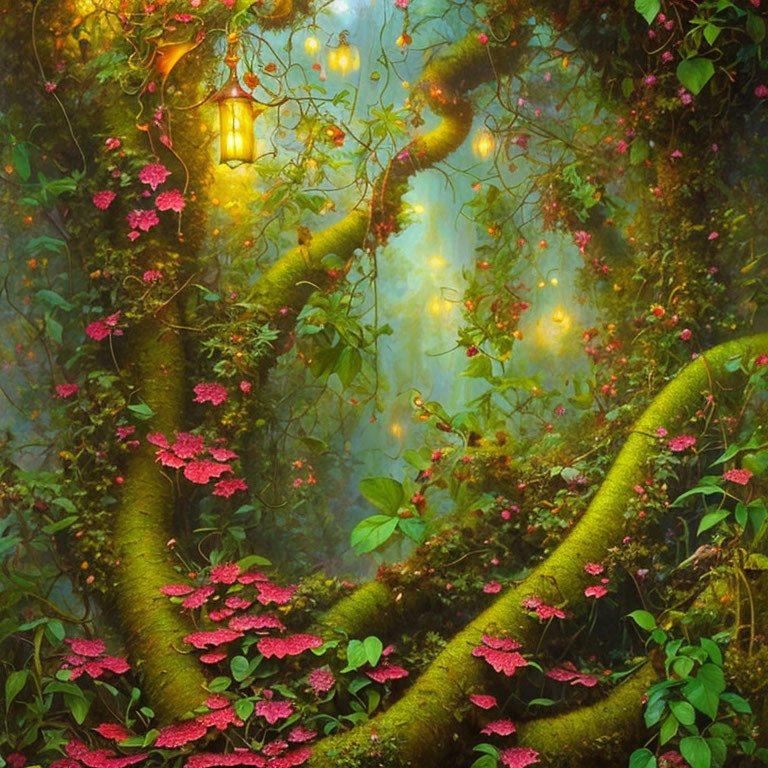 Enchanting forest with pink flowers, lanterns, and moss-covered vines