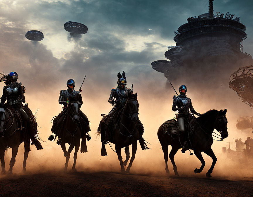 Armored knights on horseback in front of futuristic cityscape
