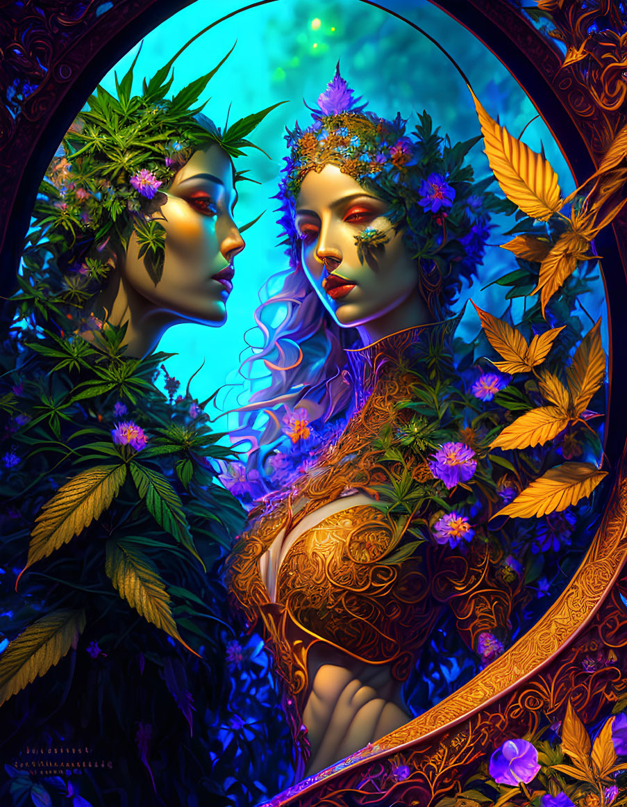 Colorful artwork of two women with floral crowns in mystical forest setting