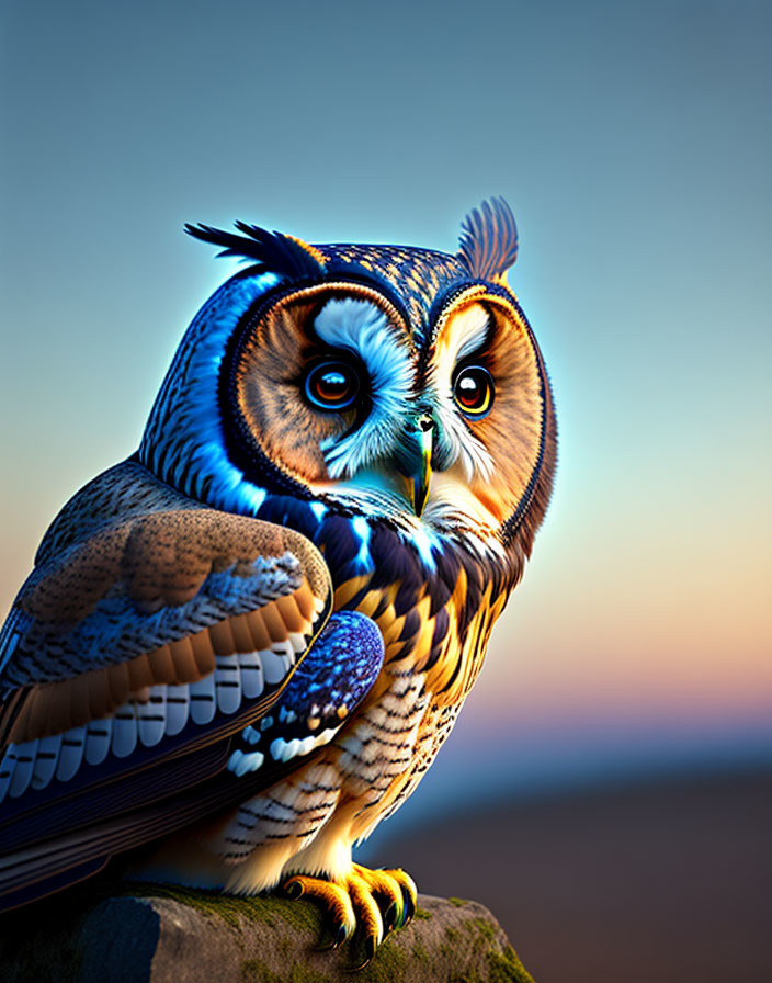 Intricately patterned owl on rock under twilight sky