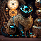 Two Cats with Luminous Eyes in Mechanical Gear Setting under Reddish Sky