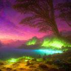Colorful Fantasy Landscape with Illuminated Tree and Glowing Flora