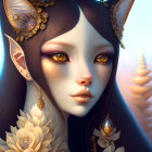 Fantasy creature with cat-like features and gold jewelry.