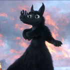 Animated black cat with orange eyes against pink-clouded sky