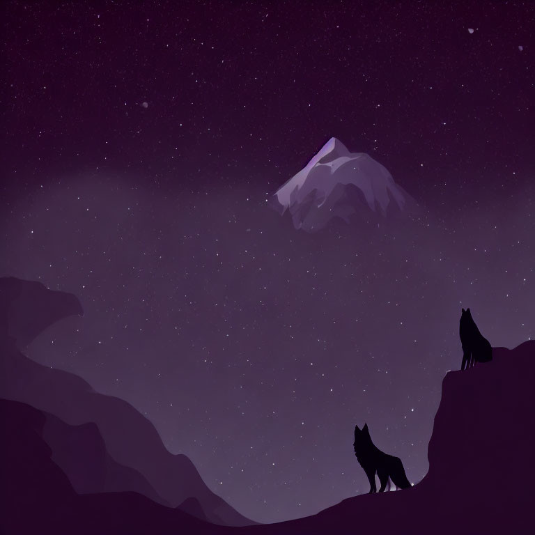 Silhouetted wolf pair on hill under starry night sky.