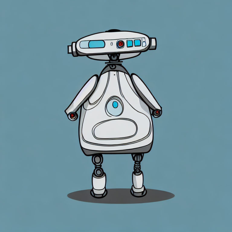 White Robot with Red Eyes and Blue Chest Light on Blue Background