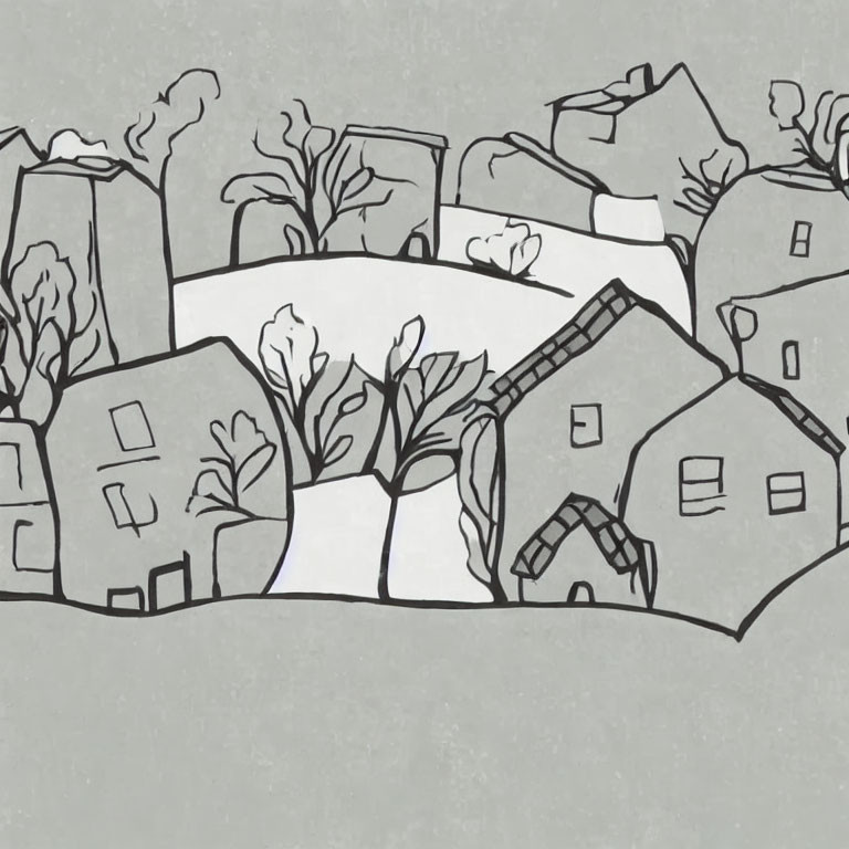 Whimsical monochrome cartoon of uneven village houses and trees