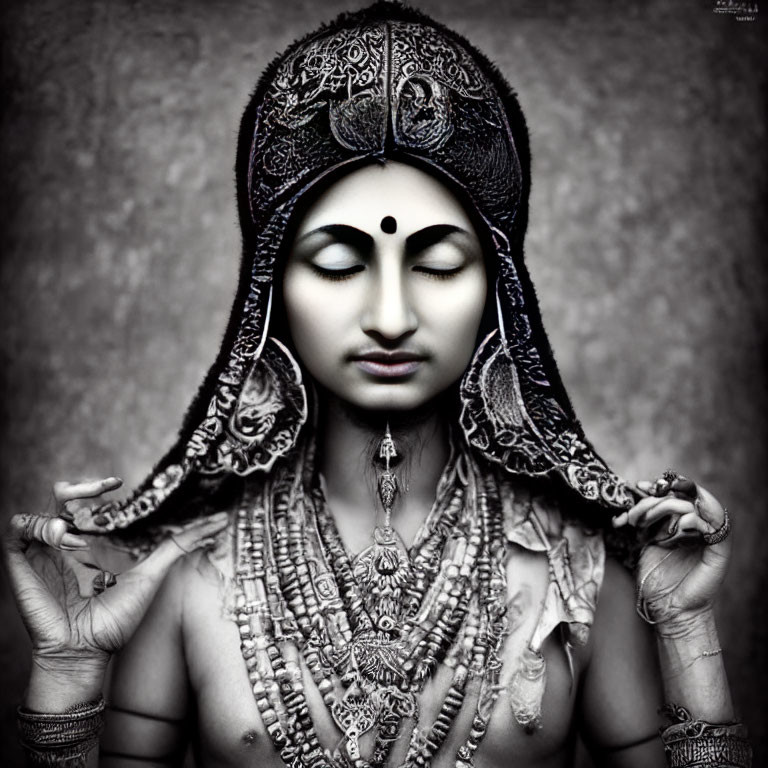 Traditional attire and jewelry worn by a person in a peaceful pose with closed eyes.