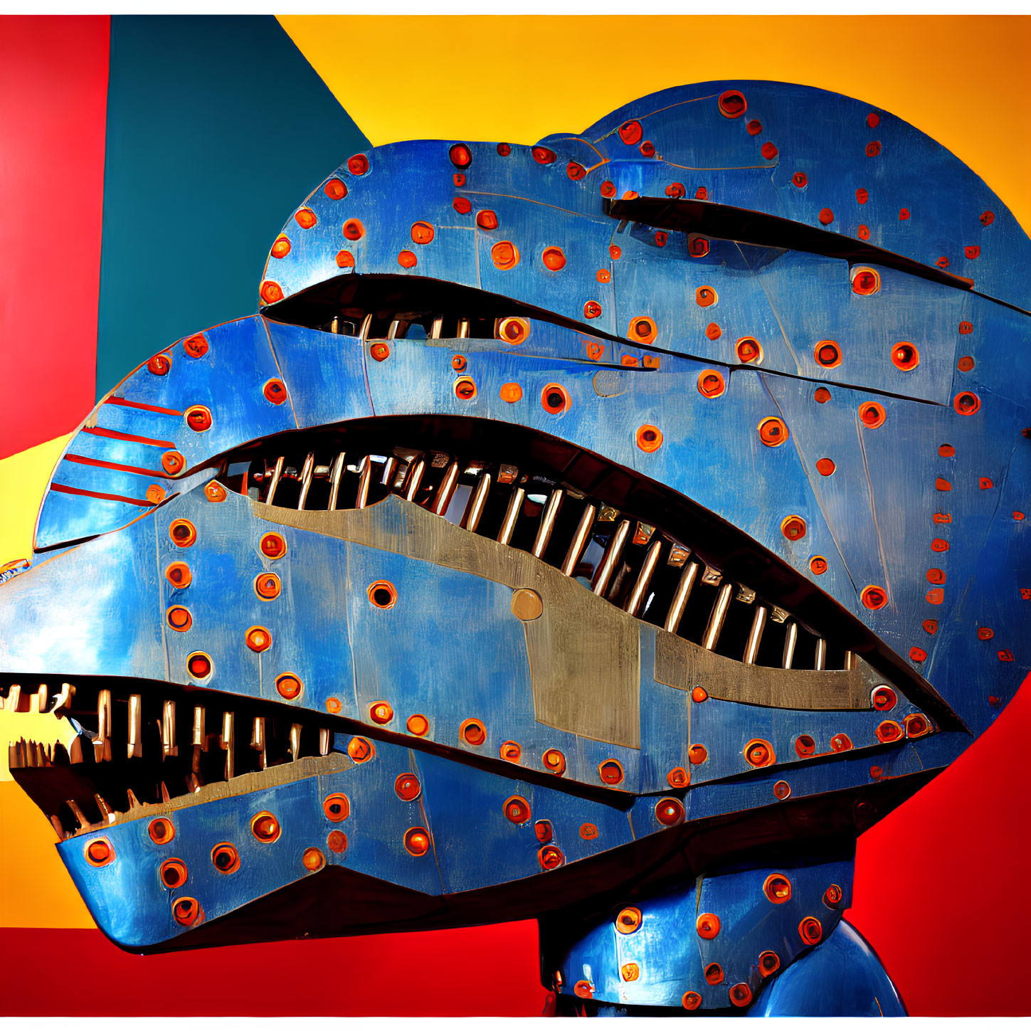 Blue Metallic Sculpture of Interlocking Lips on Colorful Geometric Background