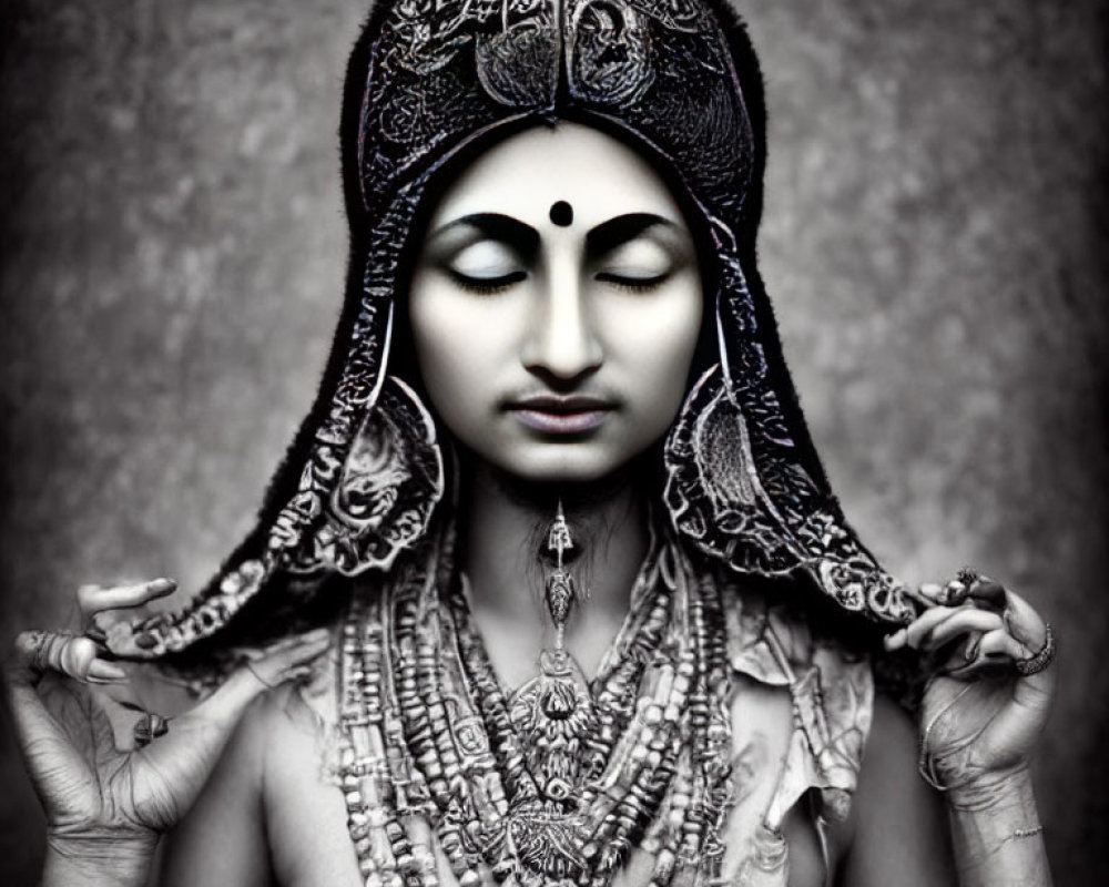 Traditional attire and jewelry worn by a person in a peaceful pose with closed eyes.
