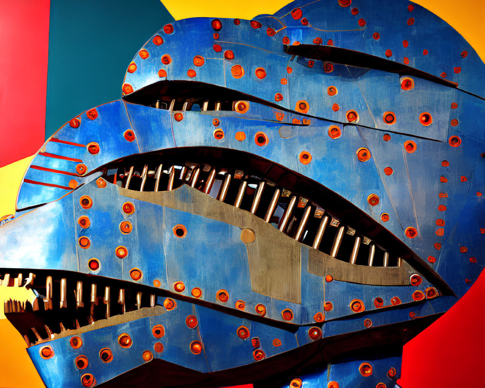 Blue Metallic Sculpture of Interlocking Lips on Colorful Geometric Background