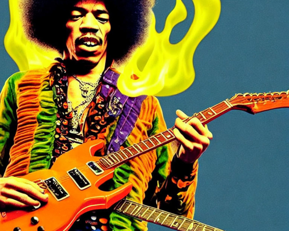 Colorful Guitarist with Afro Playing Flaming Orange Guitar on Blue Background