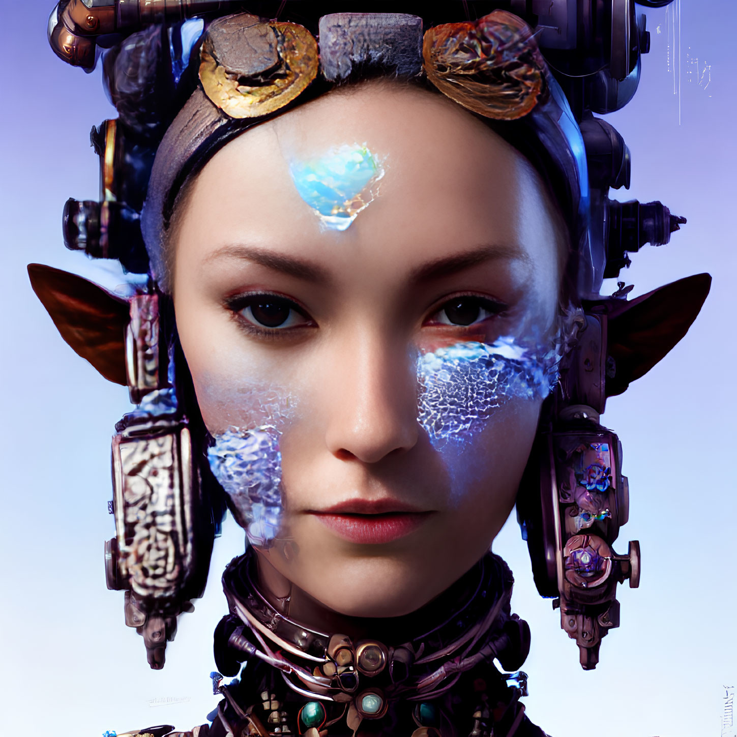 Digital portrait of female with elf-like ears, Asian features, futuristic adornments, and glowing blue mark