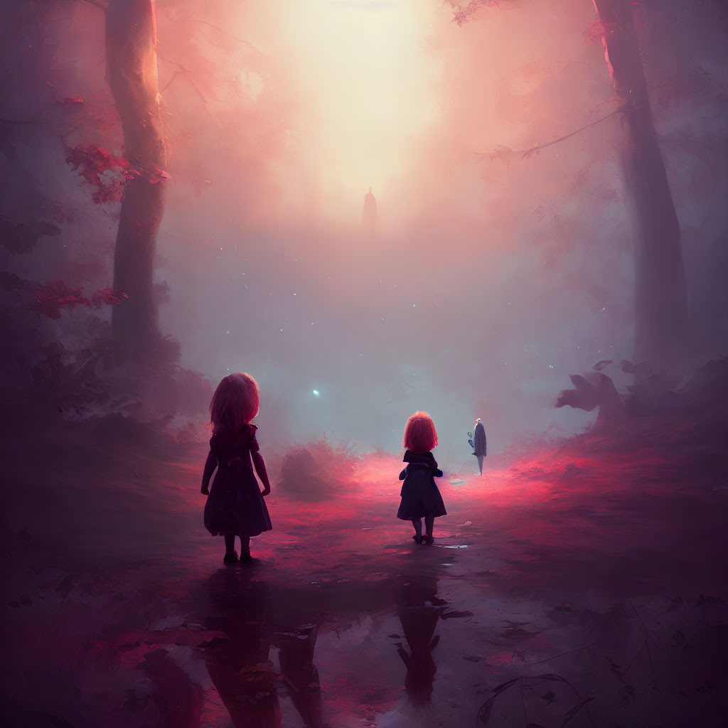 Children walking towards mysterious figure in foggy, red-foliaged forest