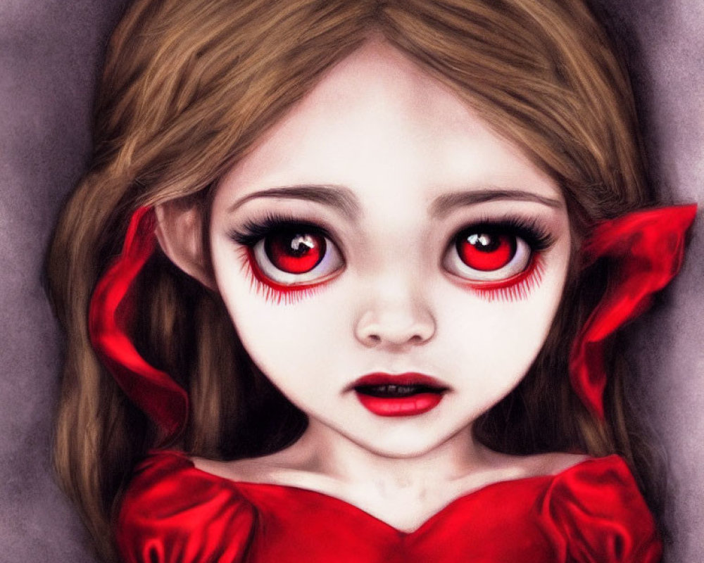 Illustration of girl with large red eyes, pale skin, dark lips, in red dress with ribbon
