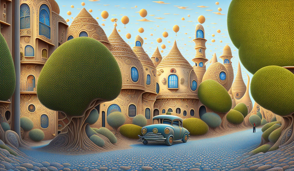 Whimsical stylized illustration of old-fashioned car and fantasy buildings