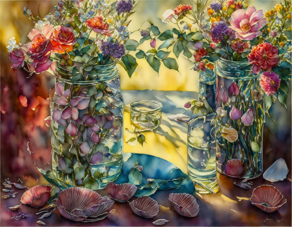 still life with shells and flowers