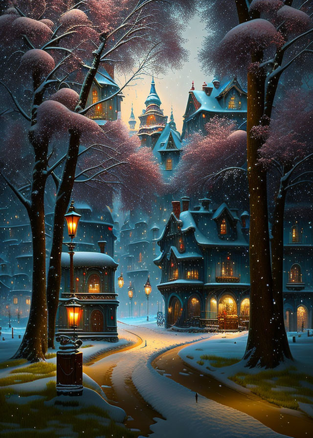 Snow-covered Victorian-style houses in magical winter scene