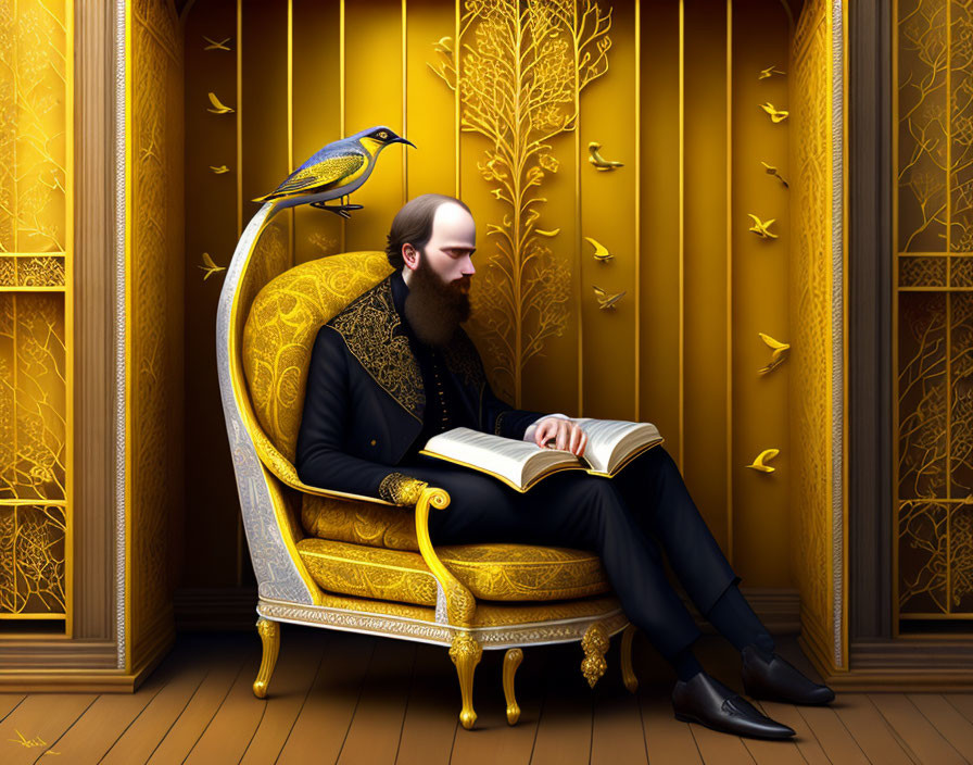 Bearded man in black suit reading on ornate chair with blue bird in yellow tree room