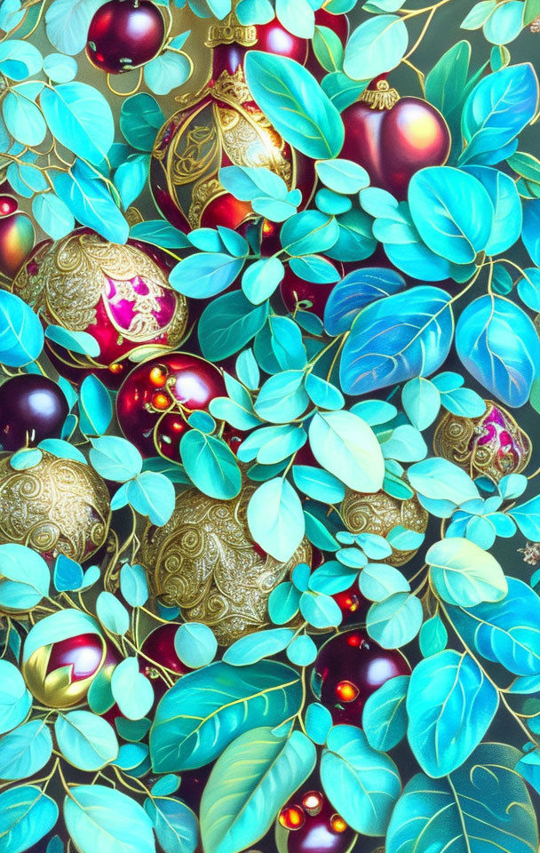 Intricate Green and Blue Leaf Pattern with Gold and Red Baubles