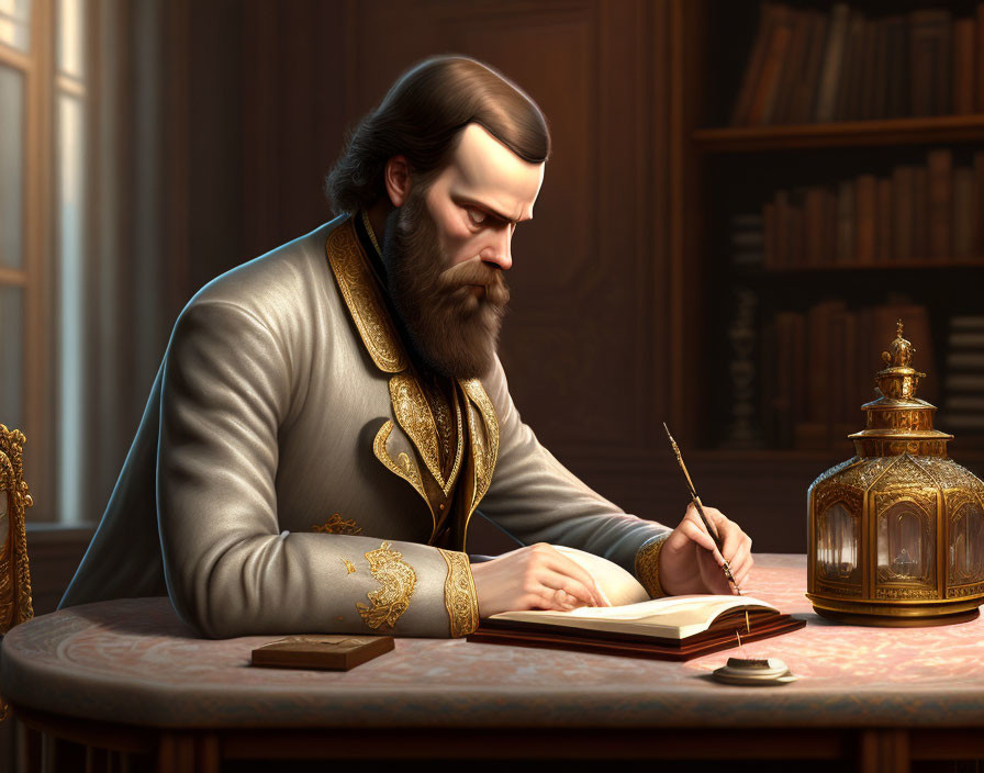 Bearded man in historical costume writing at desk in wood-paneled library