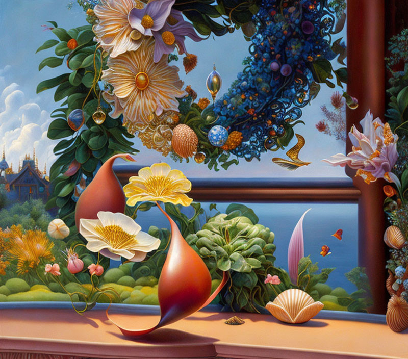 Colorful Flower Painting with Vase, Greenery, Seashells, and Sea View