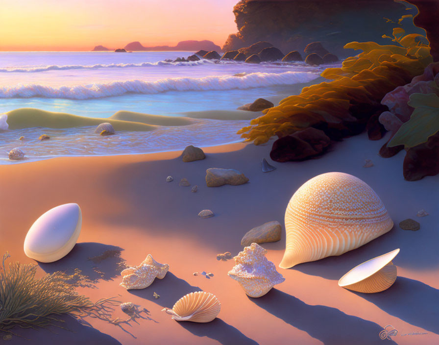 Tranquil sunset beach with seashells, rocks, and gentle waves