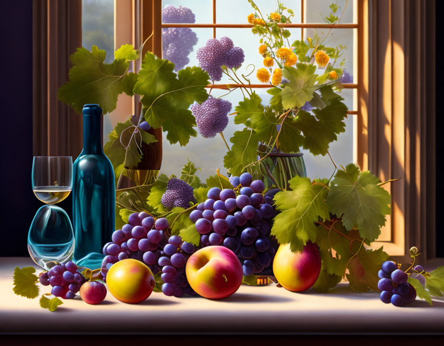 Purple grapes, peaches, wine bottle, and glass on windowsill overlooking vineyard