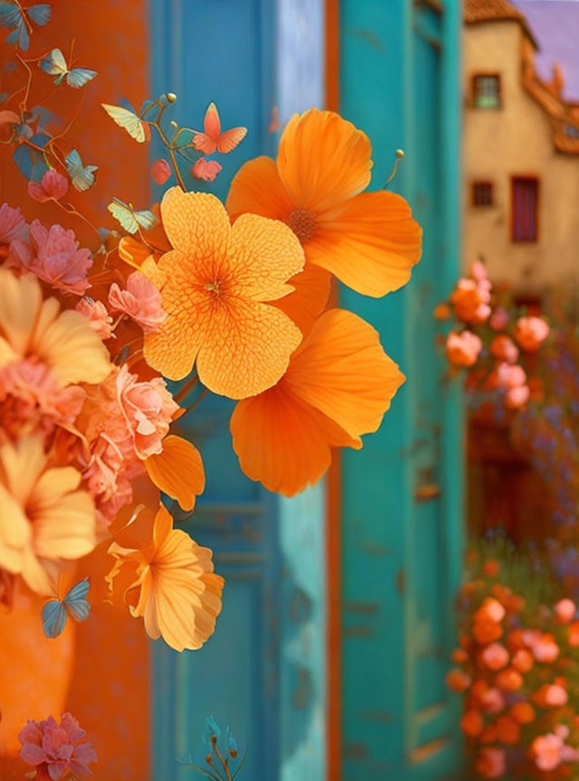 Bright orange flowers against blurred background with blue door and warm-toned houses
