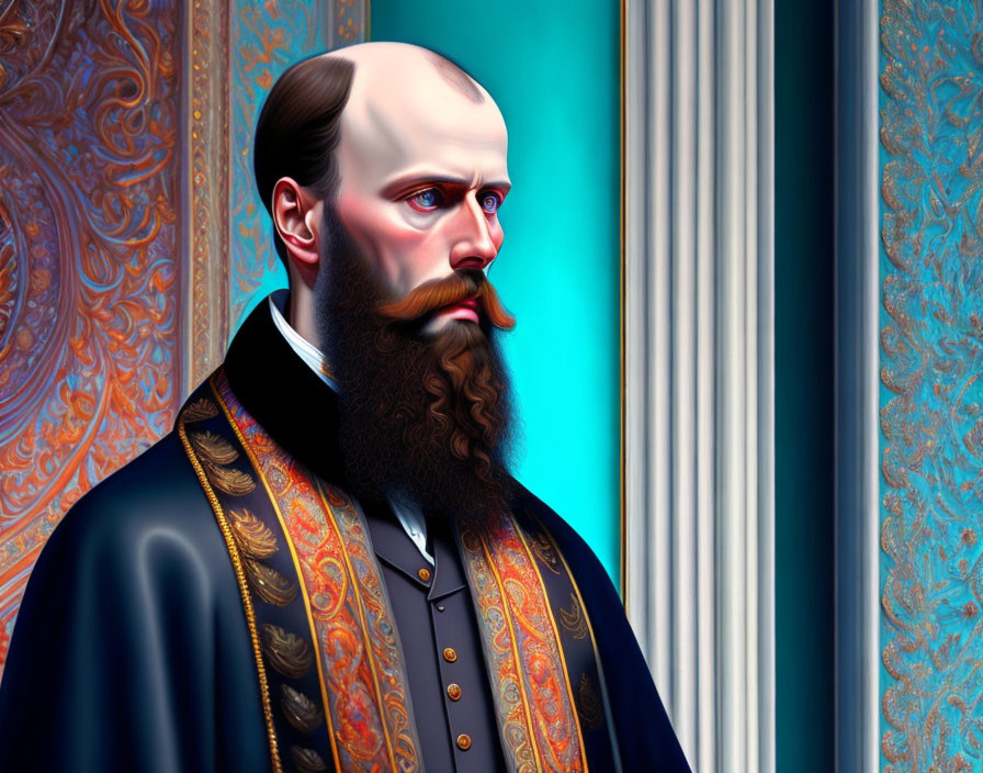 Stylized portrait of bearded man in elaborate uniform by ornate blue curtains