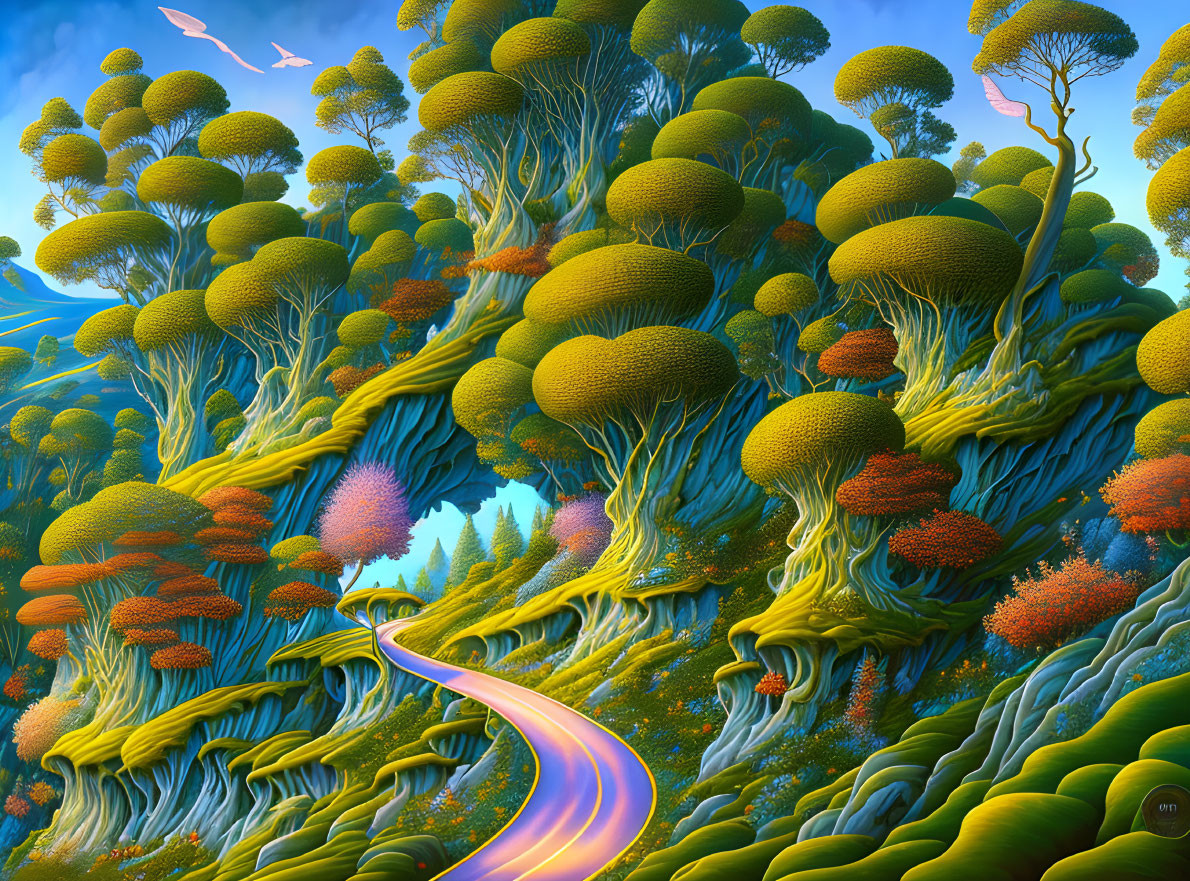 Vibrant oversized mushroom-like trees in fantastical landscape