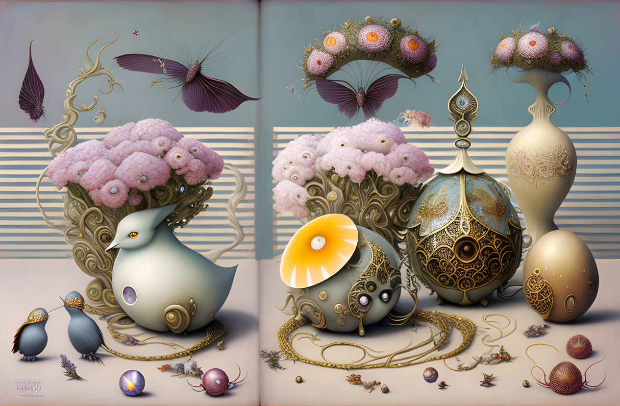 Surreal Artwork: Stylized Birds, Eggs, Flowers, Insects, and V