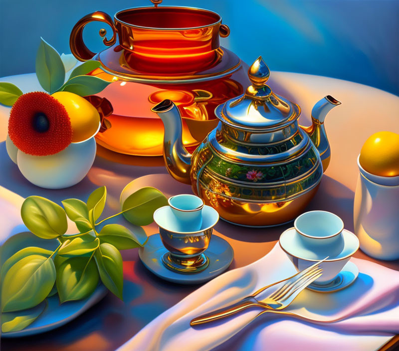 Vibrant Still Life Tea Set with Gold Accents and Fruit Plate