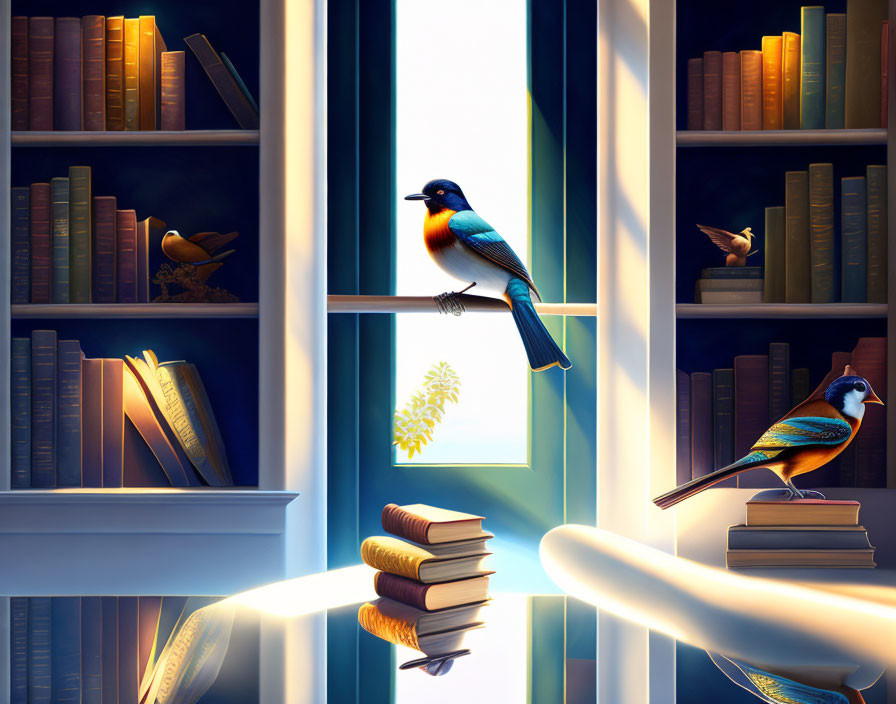 Colorful birds in tranquil library with sunlight on books