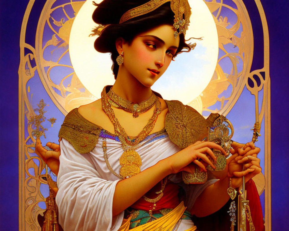 Historical attire woman with jewelry and scepter on glowing backdrop.